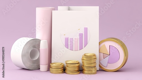 Three dimensional rendering showcases stacks of golden coins beside financial charts and paper rolls