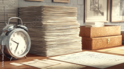 Significant volume of paperwork rests on a wooden surface beside a traditional metal alarm clock