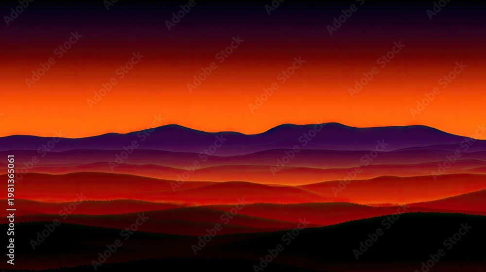 Fototapeta premium Layered mountain silhouettes display vibrant colors against an intense sky during twilight hours