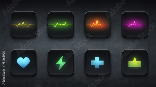 Collection of glowing medical and health monitoring interface icons displayed on dark squares