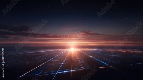 Brilliant light burst emerges above a digital futuristic surface extending toward the horizon under a twilight sky