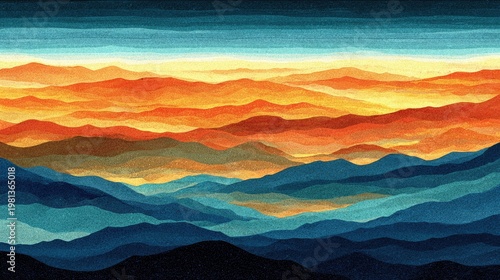 Layered landscape depiction showcases dramatic warm and cool color contrasts across rolling terrain