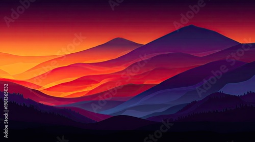 Layers of undulating topography display vibrant sunset and twilight colors across the horizon
