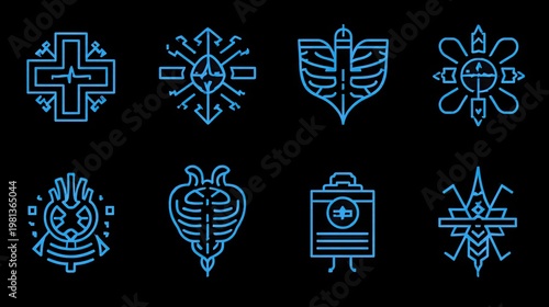 Eight futuristic or tribal looking abstract neon glyphs are displayed against a solid black background.