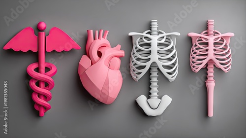 Stylized medical and anatomical icons featuring a staff symbol, a heart, and two rib cage structures arranged horizontally.