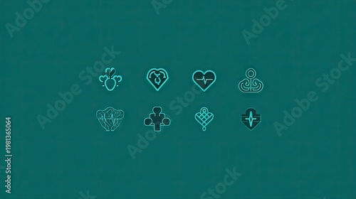 Eight abstract, glowing cyan icons representing organic forms and symbols of wellness are displayed against a dark teal background.