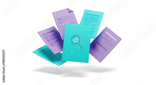 Floating documents in pastel hues, one with magnifying glass icon, on white background