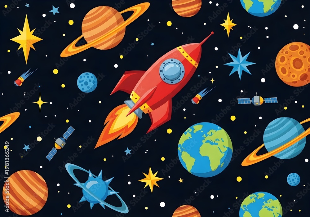 Fototapeta premium A vibrant red cartoon rocket ship blasting off through a colorful, starry galaxy filled with planets, satellites, and nebulae, creating a playful cosmic scene.