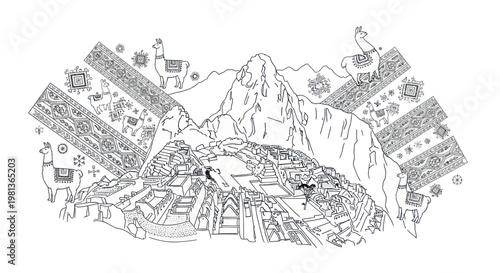 Line Art Machu Picchu with Llamas and Andean Patterns