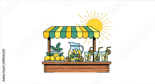 Lemonade Stand with Fresh Lemons, Pitcher, and Glasses on Sunny Day