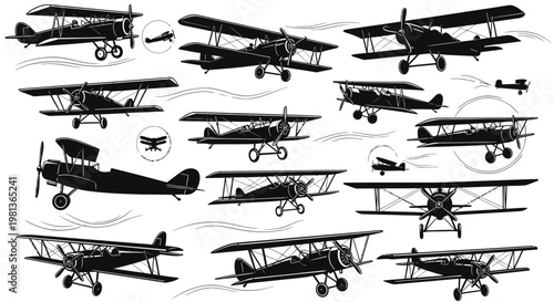 Fotografie Vintage Biplane Aircraft Collection - Retro Aviation Silhouettes