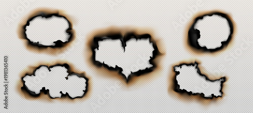 set of realistic effects of burnt and burning paper on a transparent background