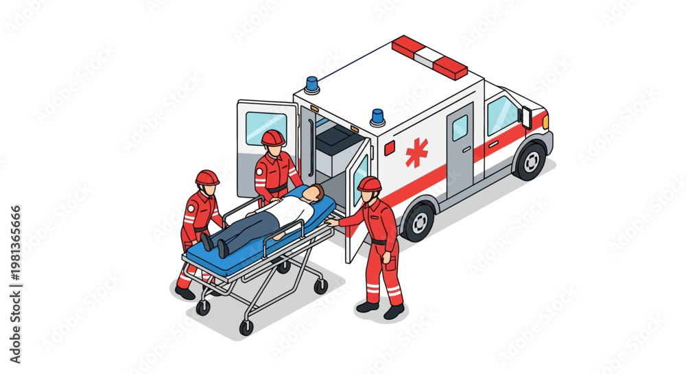 Fototapeta premium Vector illustration of an emergency medical team carefully transferring a patient from a stretcher into an ambulance, symbolizing urgent healthcare