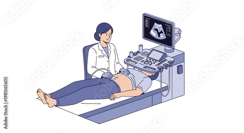Vector Illustration of a Medical Professional Performing an Ultrasound Scan on a Patient's Abdomen with the Monitor Displaying an Image