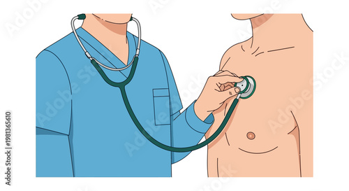 Doctor uses stethoscope to examine chest, medical checkup vector illustration, healthcare and diagnostic concept
