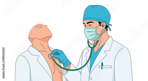 Doctor performing a medical examination with a stethoscope on a patient's chest, vector illustration for healthcare and medical concepts