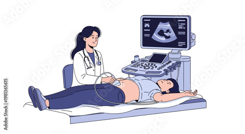 Vector illustration of a medical professional performing an ultrasound on a patient, showcasing advanced diagnostic technology in healthcare