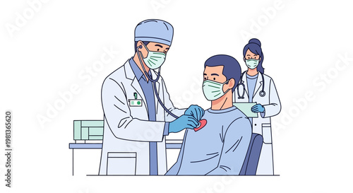 Vector illustration of a doctor examining a patient with a stethoscope and nurse assistance in a clinic. Essential for healthcare, diagnosis, and patient services