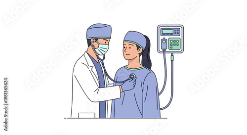 Vector Illustration of a Doctor Performing a Medical Examination on a Patient with a Stethoscope, symbolizing healthcare and diagnostic procedures