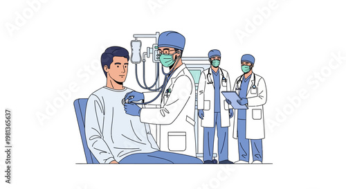 Vector illustration of a doctor using a stethoscope to conduct a heart examination on a male patient, part of a thorough health check-up with a medical team present