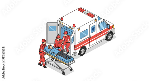 Isometric Vector illustration depicting emergency medical service personnel diligently transferring an injured patient into an ambulance for critical healthcare transport