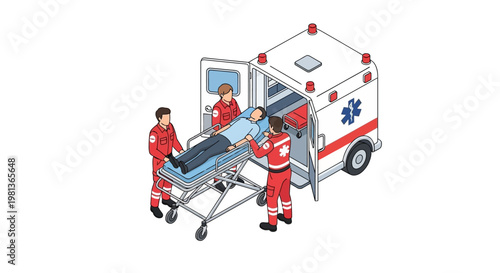 Isometric Vector illustration of an emergency medical team swiftly loading a patient on a stretcher into an ambulance for urgent care and transport