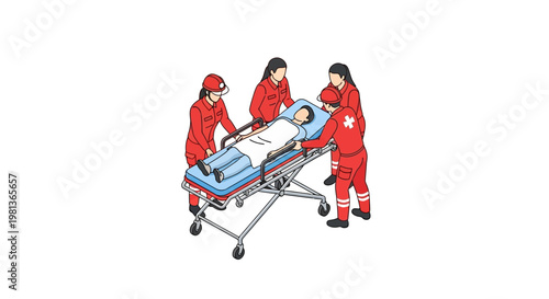 Vector Illustration of Medical Professionals Assisting a Patient on a Stretcher, Emergency Medical Services and Healthcare Scene