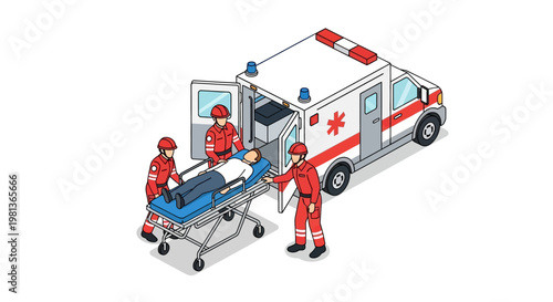 Vector illustration of an emergency medical team carefully transferring a patient from a stretcher into an ambulance, symbolizing urgent healthcare