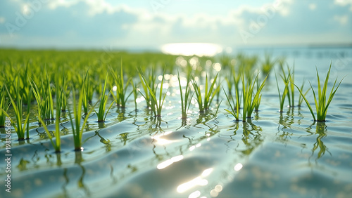 Fresh green young seagrass growing in rippled shallow water. Bright morning sunlight reflecting on ocean surface. Marine ecosystem and World Oceans Day concept