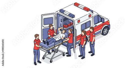 Emergency medical team loading a patient onto a stretcher into an ambulance, showcasing vital healthcare transport services with an Isometric Vector Illustration