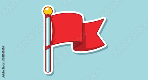 A vibrant illustration depicts a waving red flag on a silver flagpole against a light blue background