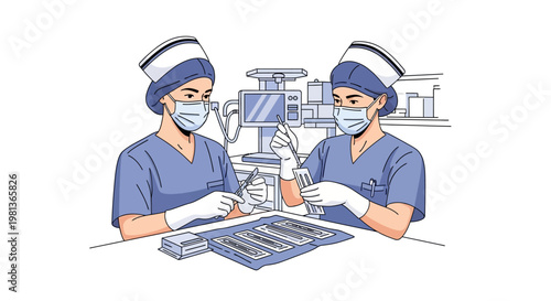 Vector Illustration of Two Medical Professionals in Blue Scrubs and Caps Performing a Surgical Scalpel Blade Change Procedure with Tools