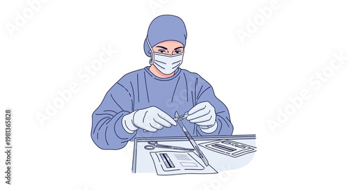 Vector Illustration of a Surgical Team Member Performing a Scalpel Blade Change During a Medical Procedure