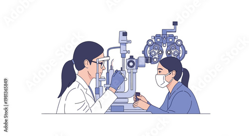 Professional Slit Lamp Eye Exam Illustration with Patient Consultation - Vector Art