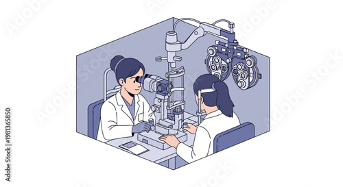Vector illustration of two professionals conducting a slit lamp eye examination, showcasing advanced optometry technology and patient care