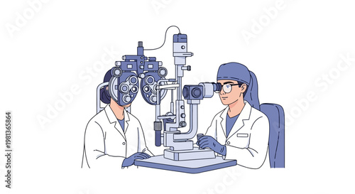 Vector illustration Optometry professionals conduct a thorough eye exam with diagnostic equipment for vision assessment and patient care in a modern hospital