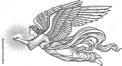 Flying Angel Holding Radiant Star Vintage Woodcut Illustration