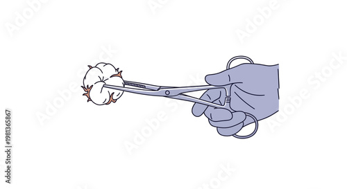 Vector illustration of medical forceps holding a cotton ball, symbolizing healthcare and hygiene procedures