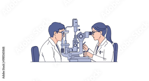 Detailed Vector illustration of a skilled ophthalmologist performing a comprehensive eye examination on a patient with a state-of-the-art slit lamp microscope, symbolizing standard hospital eye care