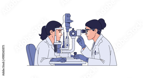 A Vector Illustration of an Ophthalmologist Examining a Patient's Eye with Specialized Equipment for Comprehensive Vision Care