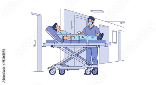 Vector illustration of a medical professional attending to a patient on a stretcher in a hospital corridor, showcasing healthcare support