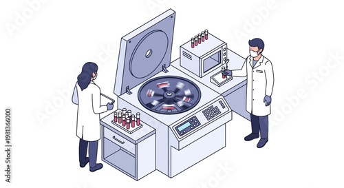Vector illustration Scientists perform precise blood sample analysis in a modern medical lab, utilizing a centrifuge for diagnostics and scientific research