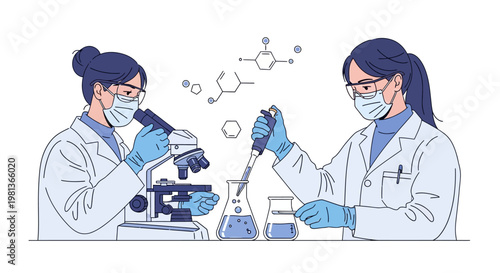 Vector illustration of scientists in a laboratory setting, wearing masks and gloves, conducting experiments with microscopes and beakers, scientific research and development