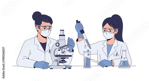 Vector illustration female scientists in a lab, using a microscope for analysis and performing chemical experiments, symbolizing scientific research
