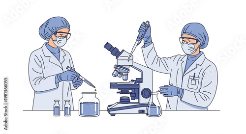 Scientists working in a laboratory using microscopes and pipettes for medical research vector illustration