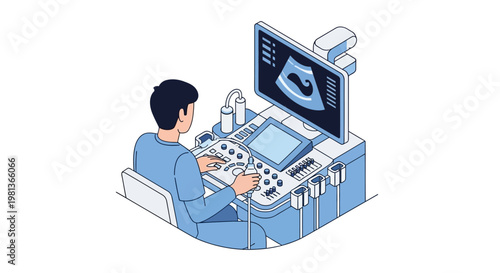 Vector art of a medical professional performing an ultrasound examination, visualizing internal structures on screen for thorough diagnostic analysis