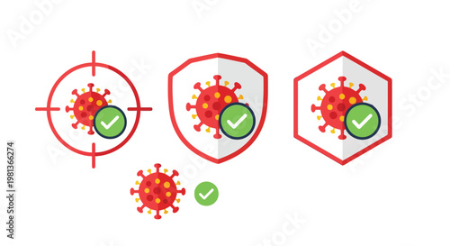 Illustrative depiction of virus protection featuring shields and target symbols with green checkmarks