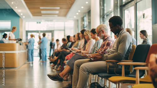Busy hospital waiting room with diverse people seated, reflecting healthcare demand, patient flow, and everyday medical service environment.