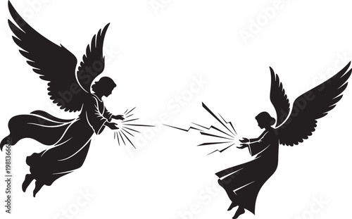 Black Winged Angel Figures in Celestial Conflict Silhouette Illustration