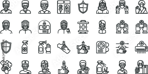 Healthcare worker and hygiene icon collection with doctors, masks and sanitation symbols, clean line vector set for medical safety, hospital services and health awareness design
